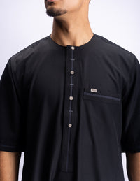 Amaani Eclipse Short Sleeve Thobe, Black, contrast detailing on the placket and top pocket