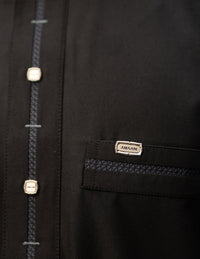 Amaani Eclipse Short Sleeve Thobe, Black, placket buttons and pocket trim close up