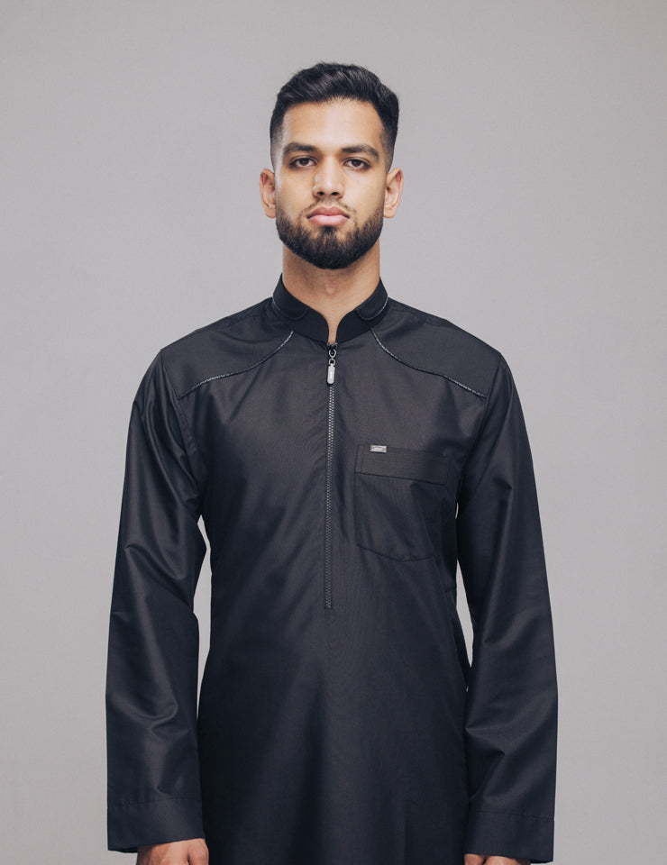 Amaani Edge Mandarin Collar Thobe, Black, model, full length front