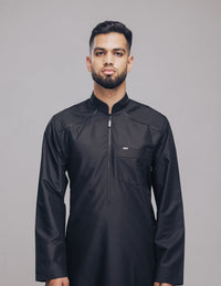 Amaani Edge Mandarin Collar Thobe, Black, model, full length front