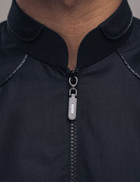 Amaani Edge Mandarin Collar Thobe, Black, Mandarin collar and shoulder detail