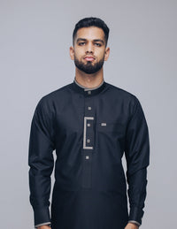 Amaani Elegance Patterned Thobe, Black, model, full length front