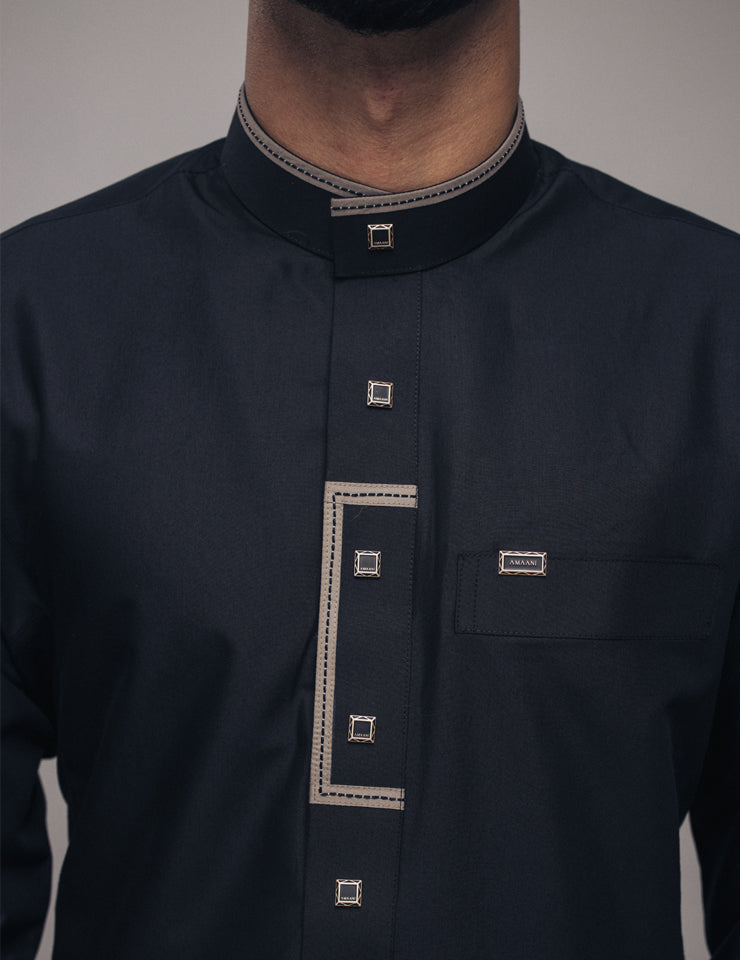 Amaani Elegance Patterned Thobe, Black, patterned collar and placket on model
