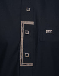 Amaani Elegance Patterned Thobe, Black, placket patterning and signature buttons close up