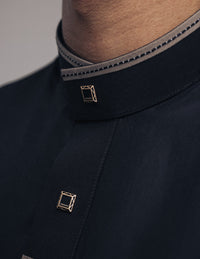 Amaani Elegance Patterned Thobe, Black, patterned collar trim detail