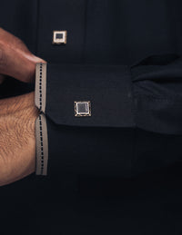 Amaani Elegance Patterned Thobe, Black, cuff patterning and button detail