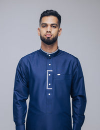 Amaani Elegance Patterned Thobe, Navy, model, full length front