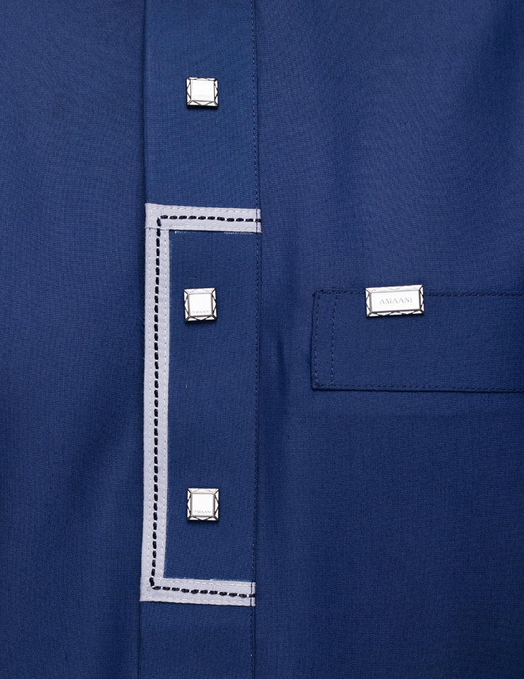 Amaani Elegance Patterned Thobe, Navy, placket patterning and signature buttons close up