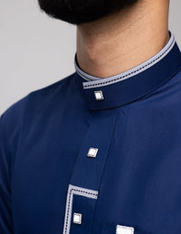 Amaani Elegance Patterned Thobe, Navy, patterned collar and placket on model