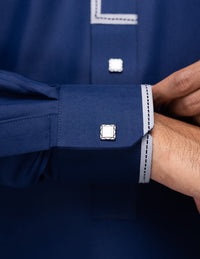 Amaani Elegance Patterned Thobe, Navy, cuff patterning and button detail