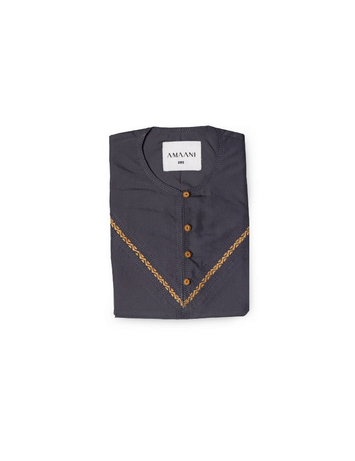 Amaani Emirati Kandura Kids, Prism (Slate Grey), folded flat lay showing contrast placket embroidery