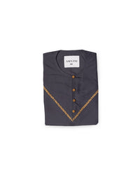 Amaani Emirati Kandura Kids, Prism (Slate Grey), folded flat lay showing contrast placket embroidery
