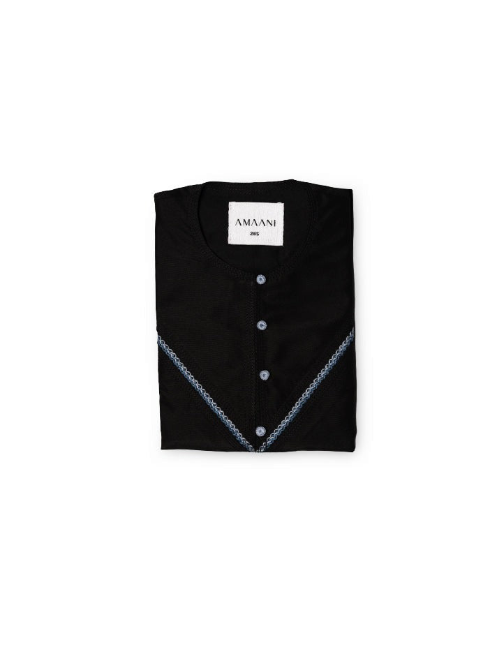 Amaani Emirati Kandura Kids, Utopia (Black), folded flat lay showing two tone placket embroidery