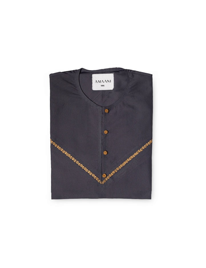 Amaani Emirati Kandura, Prism (Slate Grey), folded flat lay showing contrast placket embroidery