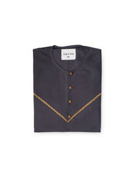 Amaani Emirati Kandura, Prism (Slate Grey), folded flat lay showing contrast placket embroidery
