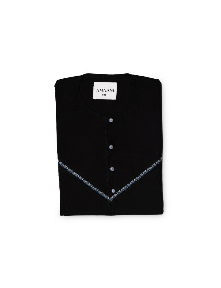 Amaani Emirati Kandura, Utopia (Black), folded flat lay showing two tone placket embroidery