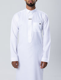 Amaani Fakhama Structured Saudi Thobe, White, half length front with shirt style collar