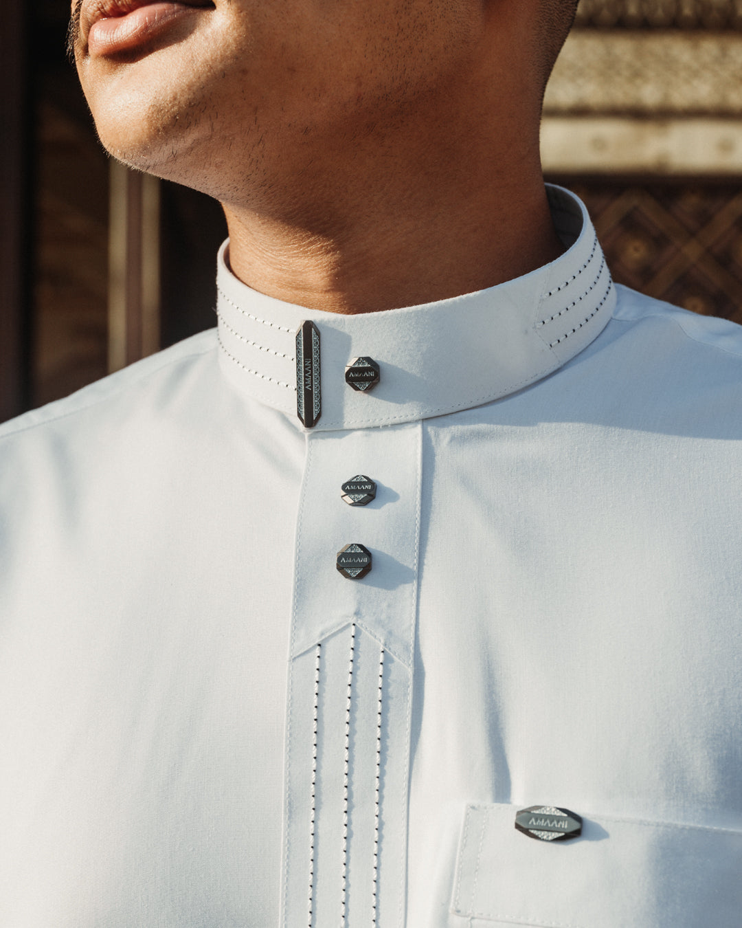 Amaani Hubb Nikah Thobe, White, collar on model, editorial light