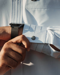Amaani Hubb Nikah Thobe, White, cuff and watch, editorial light