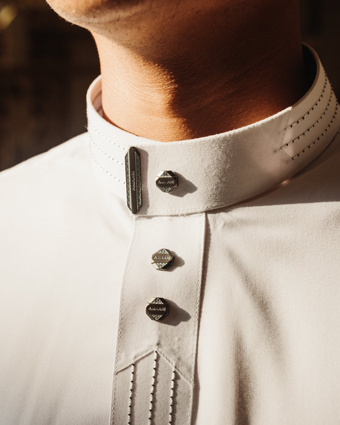 Amaani Hubb Nikah Thobe, White, collar and placket, warm editorial light