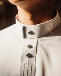 Amaani Hubb Nikah Thobe, White, collar and placket, warm editorial light