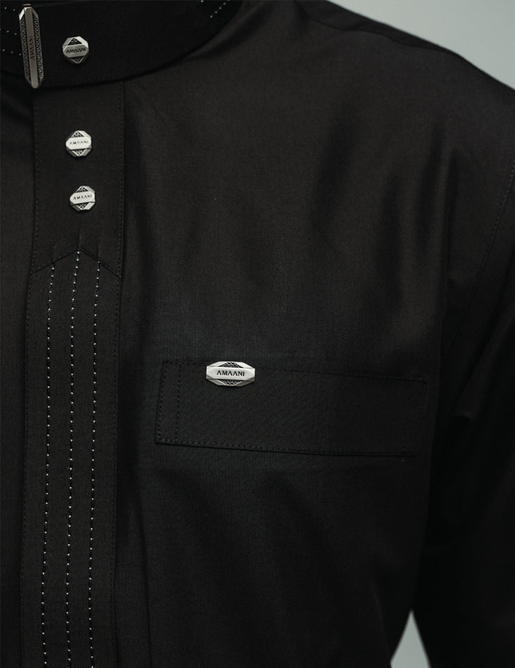 Amaani Hubb Nikah Thobe, Black, collar and placket buttons detail