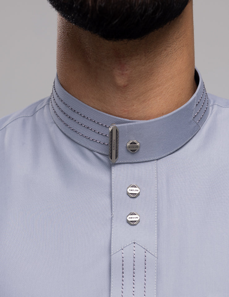 Amaani Hubb Nikah Thobe, Light Grey, collar and placket buttons detail