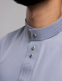 Amaani Hubb Nikah Thobe, Light Grey, collar detail on model