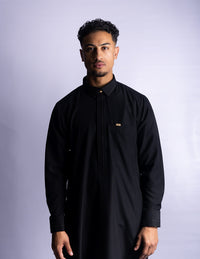 Amaani Iconic Black Thobe, Onyx Black, model, full length front
