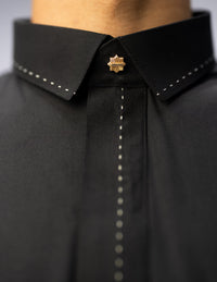 Amaani Iconic Black Thobe, Onyx Black, collar detailing and placket embroidery close up