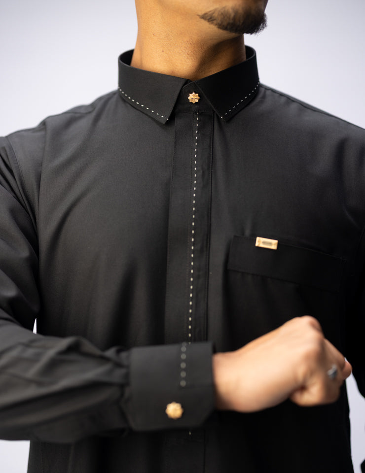 Amaani Iconic Black Thobe, Onyx Black, collar, placket and cuff on model