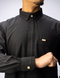 Amaani Iconic Black Thobe, Onyx Black, collar, placket and cuff on model