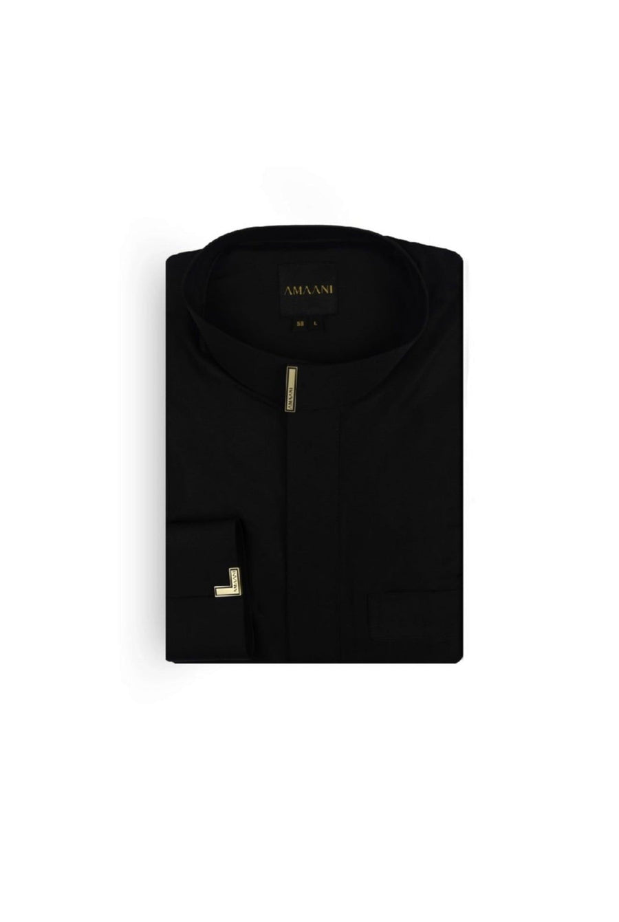 Amaani Luxe Collared Thobe, Black, folded flat lay, boxed presentation