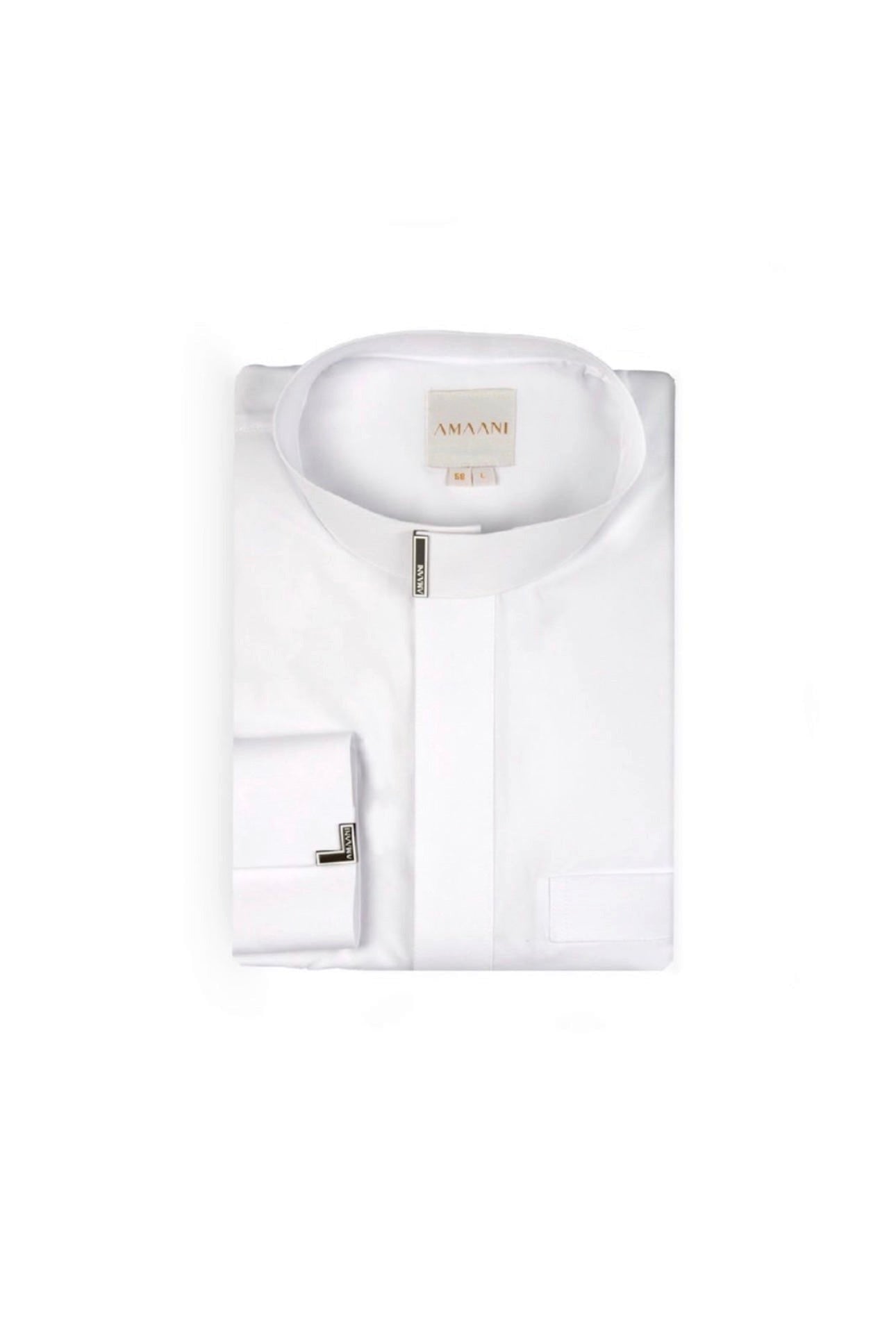 Amaani Luxe Collared Thobe, White, folded flat lay, boxed presentation