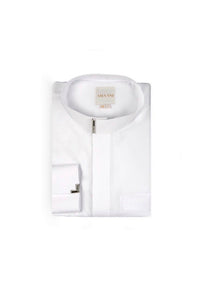 Amaani Luxe Collared Thobe, White, folded flat lay, boxed presentation