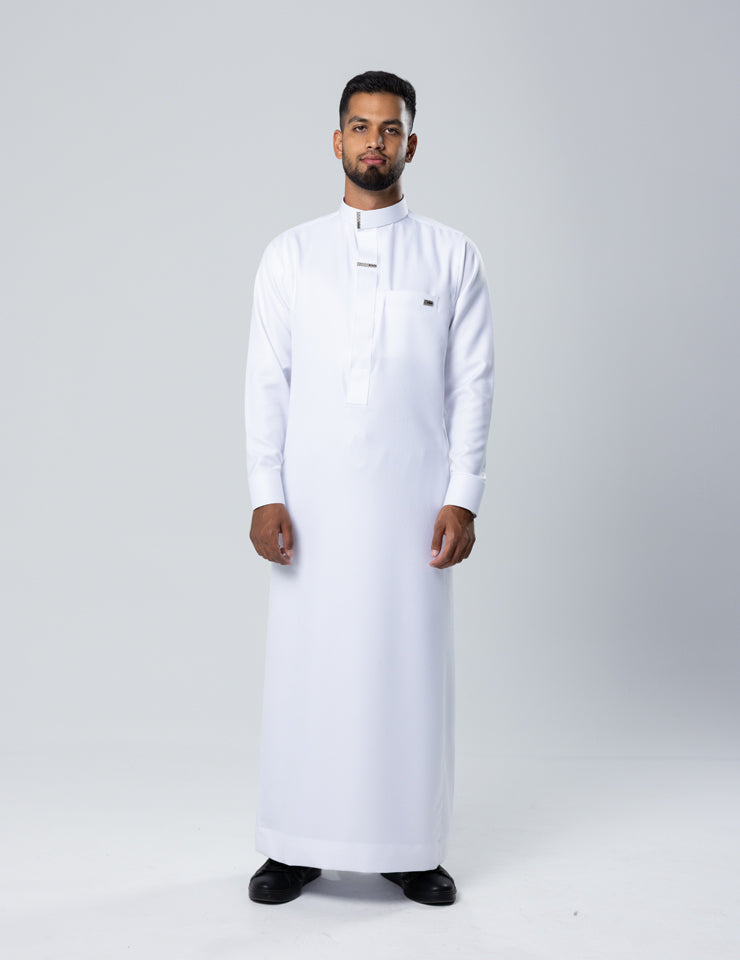 Amaani Nibras Textured Saudi Thobe, White, model, full length front