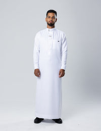 Amaani Nibras Textured Saudi Thobe, White, model, full length front