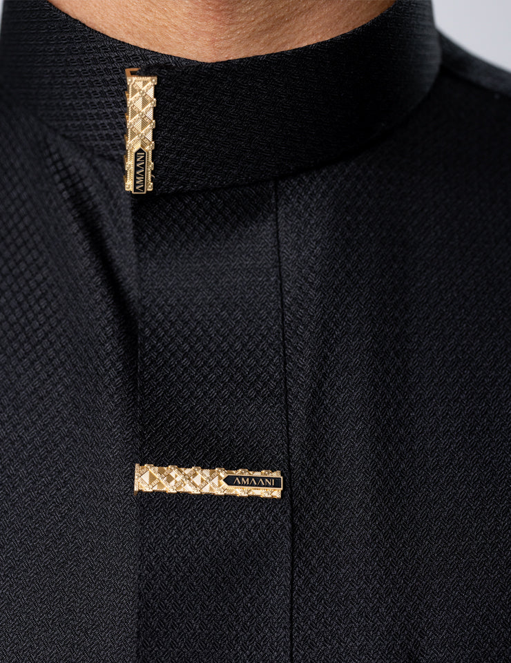 Amaani Nibras Textured Saudi Thobe, Black, textured weave and signature button detail