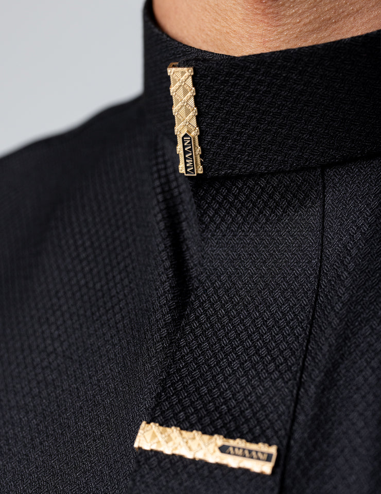 Amaani Nibras Textured Saudi Thobe, Black, Saudi collar and signature buttons close up