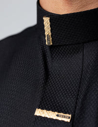 Amaani Nibras Textured Saudi Thobe, Black, Saudi collar and signature buttons close up