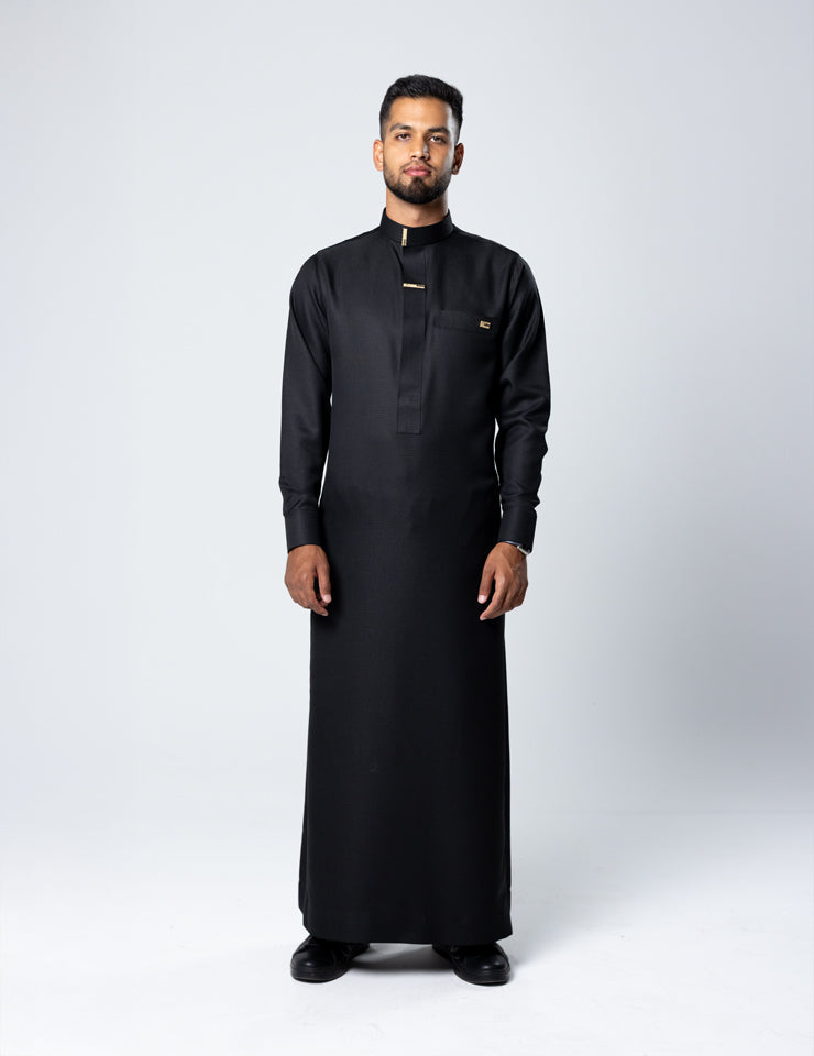 Amaani Nibras Textured Saudi Thobe, Black, model, full length front