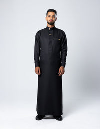 Amaani Nibras Textured Saudi Thobe, Black, model, full length front