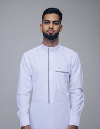 Amaani Noble Saudi Thobe, White, model, full length front