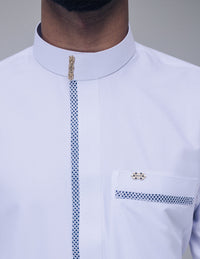 Amaani Noble Saudi Thobe, White, collar and patterned placket on model