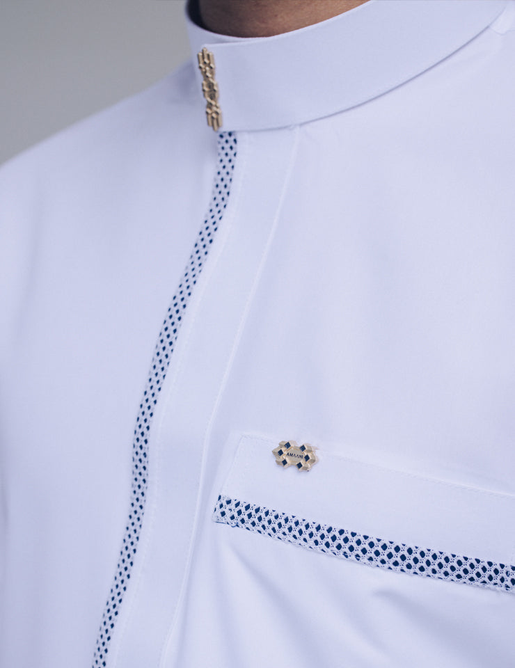 Amaani Noble Saudi Thobe, White, collar and placket patterning close up