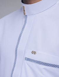 Amaani Noble Saudi Thobe, White, collar and placket patterning close up