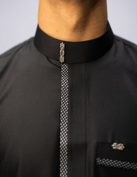 Amaani Noble Saudi Thobe, Black, collar and patterned placket on model