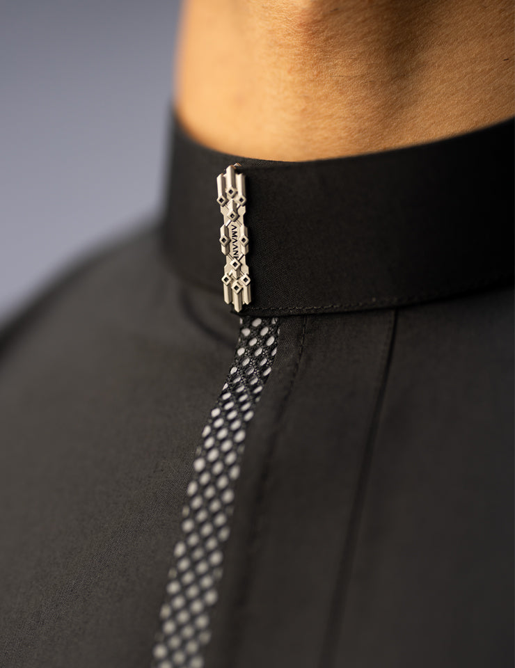 Amaani Noble Saudi Thobe, Black, collar and placket patterning close up
