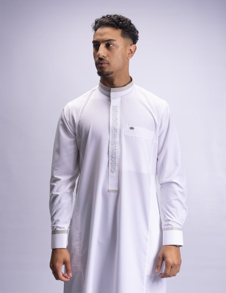 Amaani Noir Calligraphy Thobe, White, model, full length front