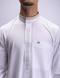 Amaani Noir Calligraphy Thobe, White, Arabic script placket embroidery on model
